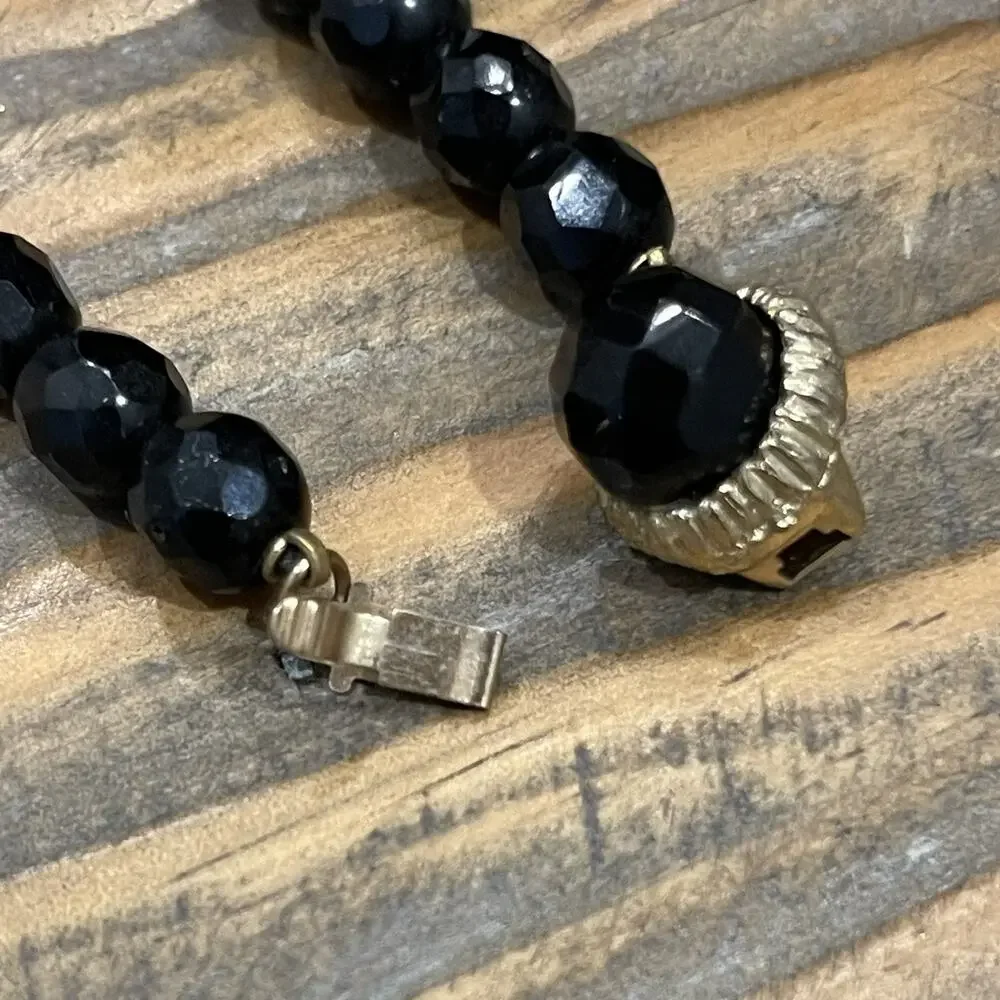 Vintage Glass Necklace Faceted Black Beads 7.5mm Unique Detailed Box Clasp 22”